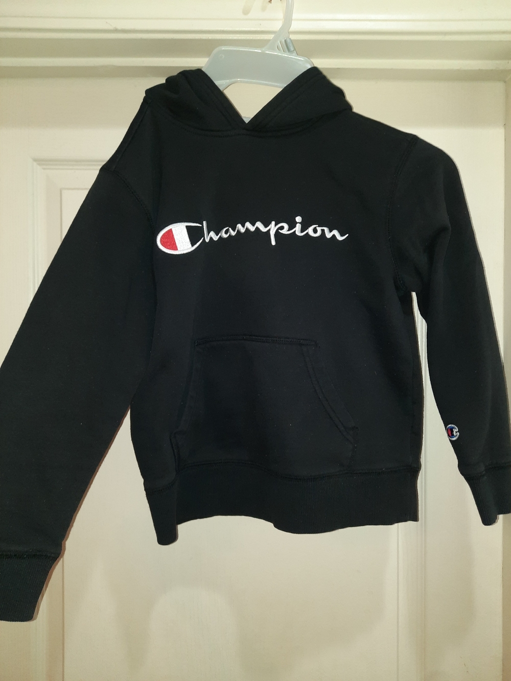 Champion Black Hoodie with White Script and Red Logo Accent